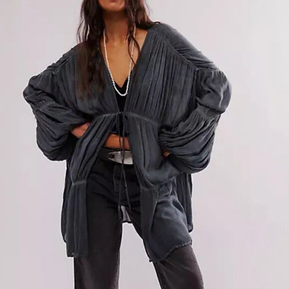 Free People Juliet Kimono Duster Black One Size Boho Tiered Oversized - Picture 1 of 16